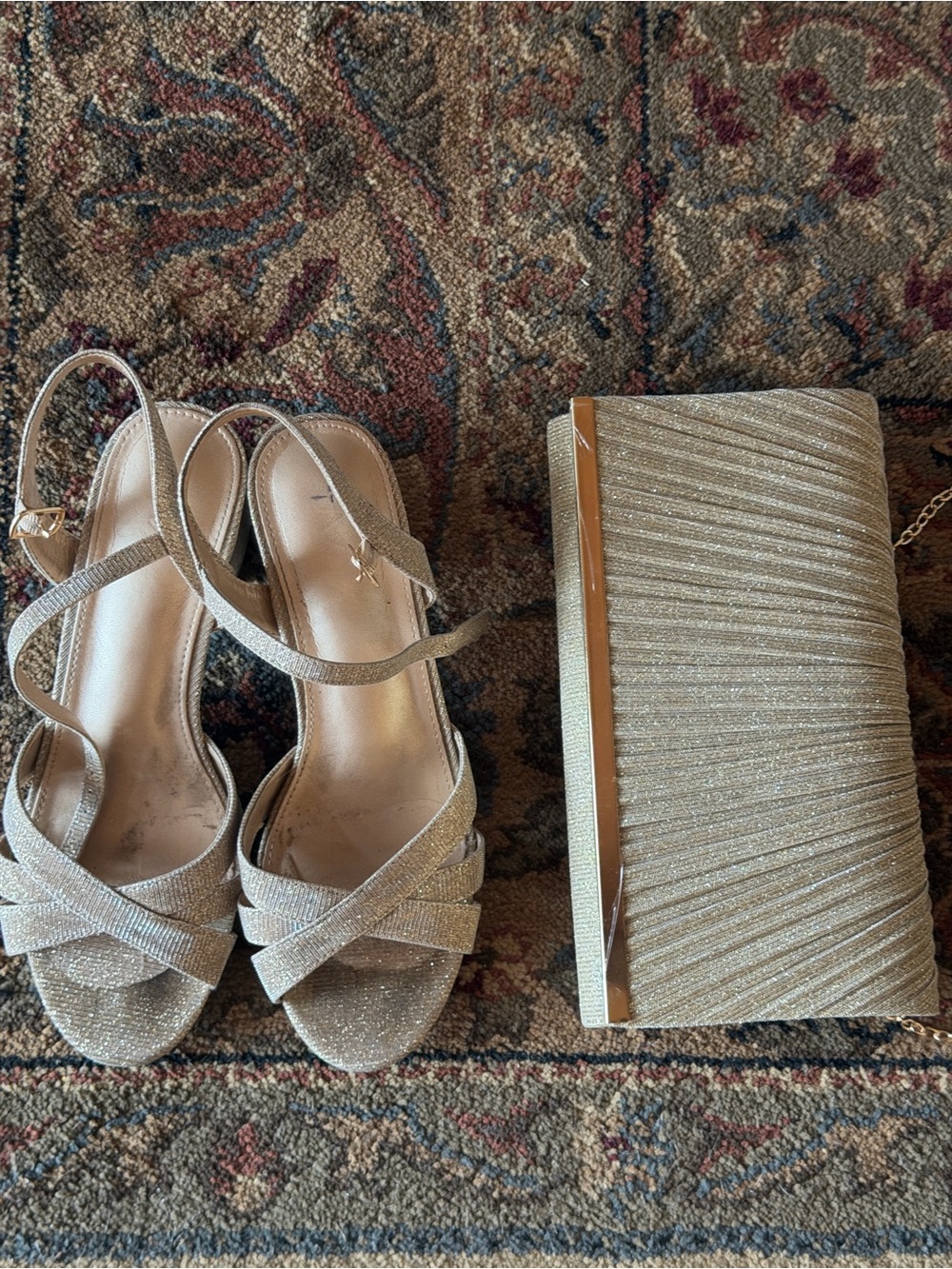 Gold Sparkle Strappy Sandals with Matching Clutch